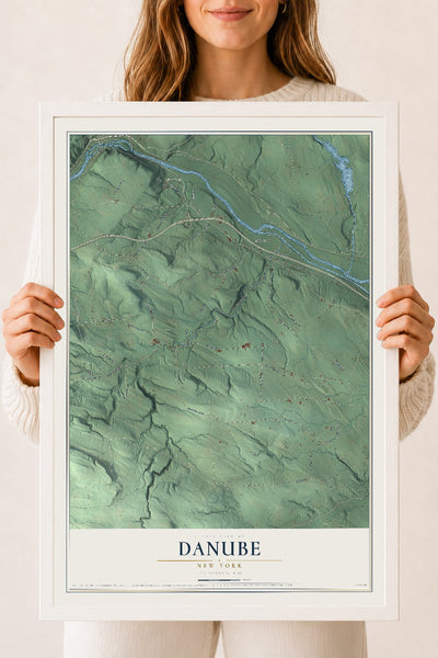 Danube, New York map print, 18" x 24" W/ White Ayous Wood Frame mockup