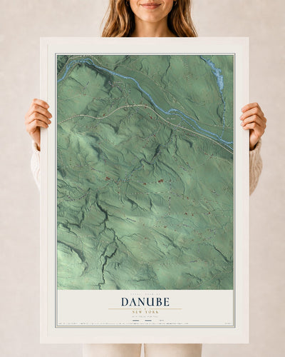 Danube, New York map print, 24" x 36" W/ White Ayous Wood Frame mockup