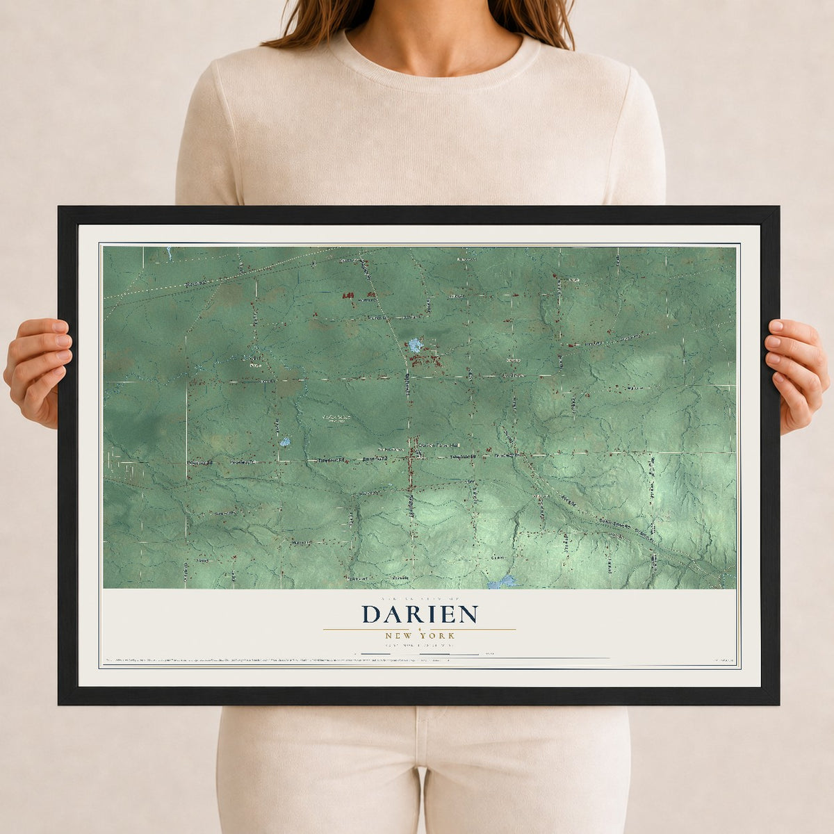 Darien, New York map print, 12" x 18" W/ Black Ayous Wood Frame mockup