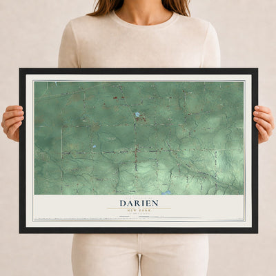 Darien, New York map print, 12" x 18" W/ Black Ayous Wood Frame mockup
