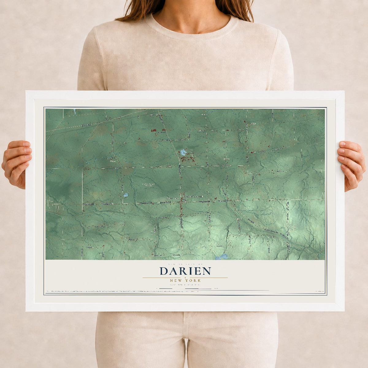 Darien, New York map print, 12" x 18" W/ White Ayous Wood Frame mockup
