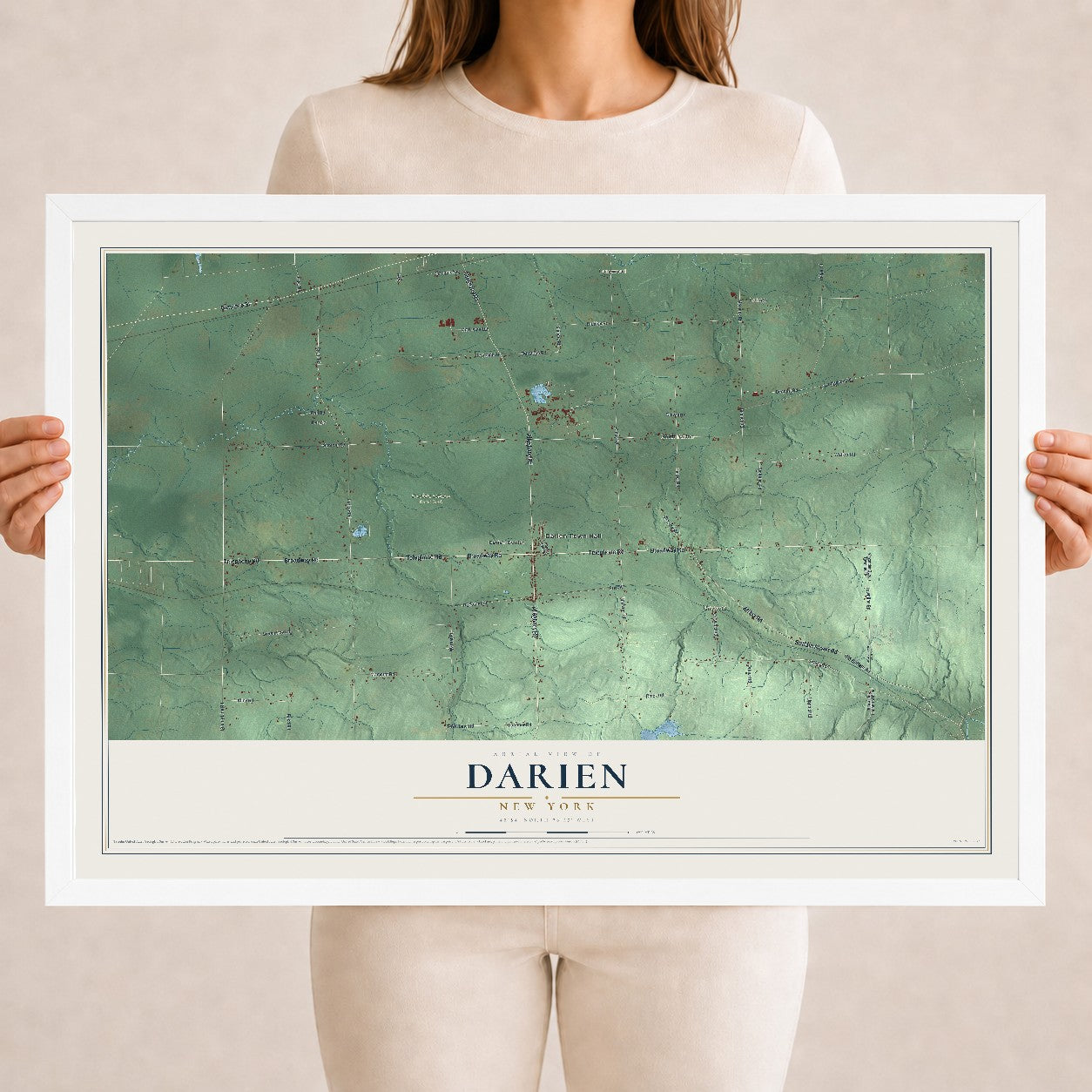 Darien, New York map print, 18" x 24" W/ White Ayous Wood Frame mockup