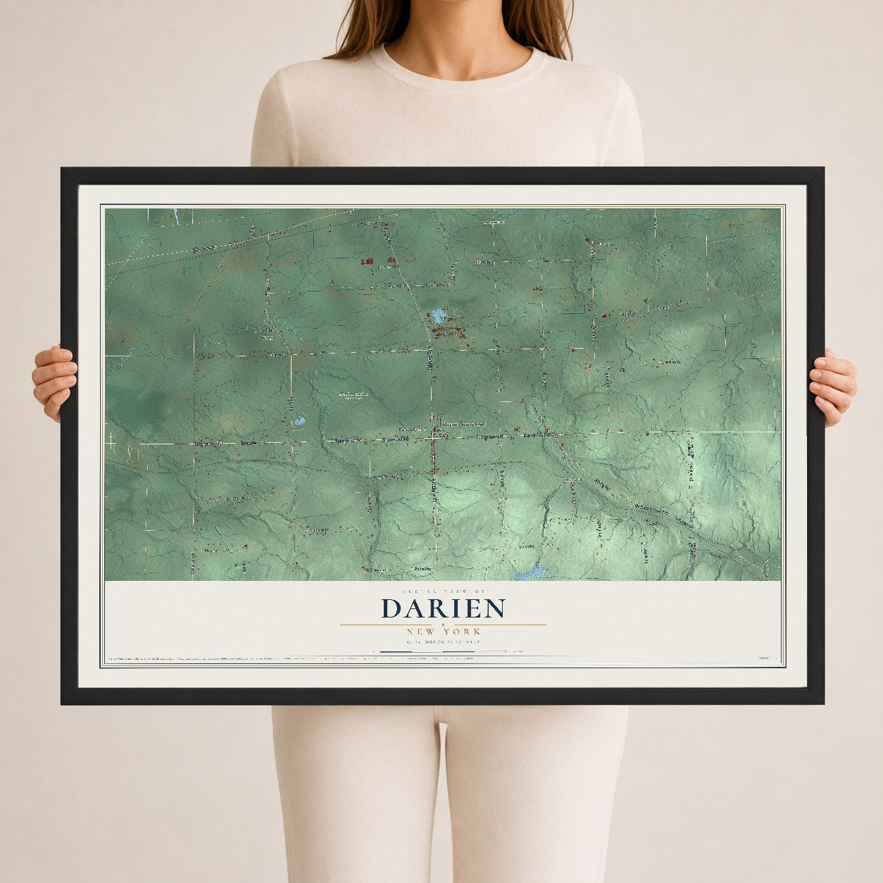 Darien, New York map print, 24" x 36" W/ Black Ayous Wood Frame mockup