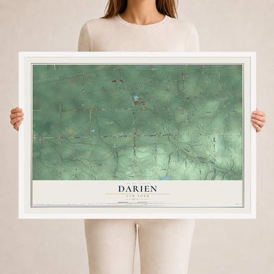 Darien, New York map print, 24" x 36" W/ White Ayous Wood Frame mockup