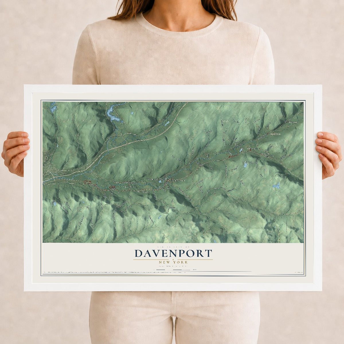Davenport, New York map print, 12" x 18" W/ White Ayous Wood Frame mockup