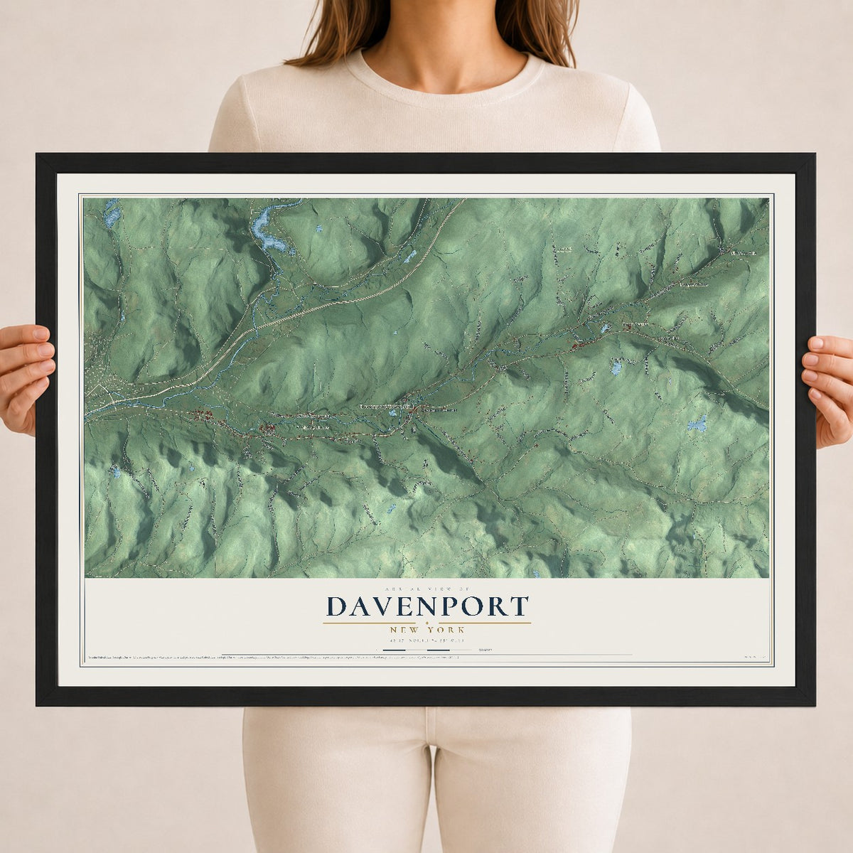 Davenport, New York map print, 18" x 24" W/ Black Ayous Wood Frame mockup