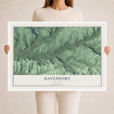 Davenport, New York map print, 24" x 36" W/ White Ayous Wood Frame mockup
