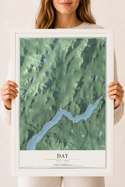 Day, New York map print, 18" x 24" W/ White Ayous Wood Frame mockup