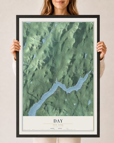 Day, New York map print, 24" x 36" W/ Black Ayous Wood Frame mockup