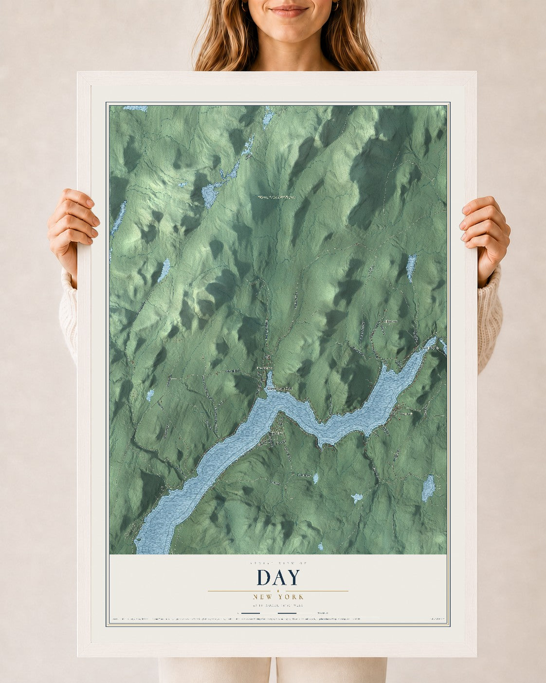 Day, New York map print, 24" x 36" W/ White Ayous Wood Frame mockup