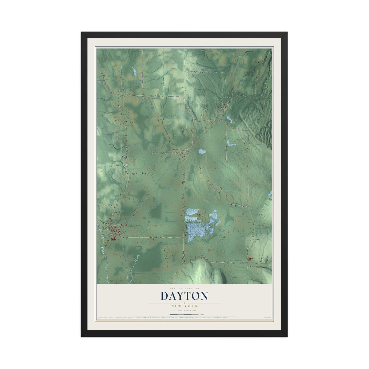 Dayton, New York map print, 12" x 18" W/ Black Ayous Wood Frame mockup