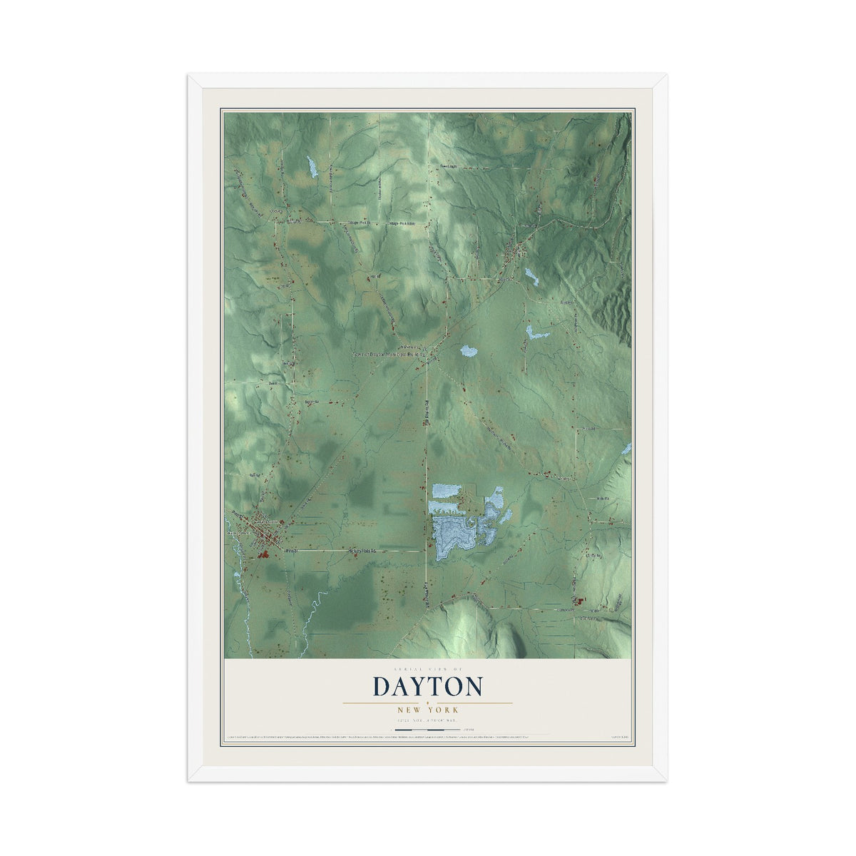 Dayton, New York map print, 12" x 18" W/ White Ayous Wood Frame mockup