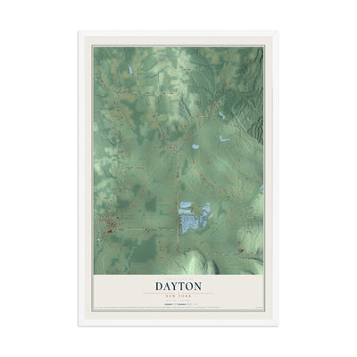 Dayton, New York map print, 12" x 18" W/ White Ayous Wood Frame mockup