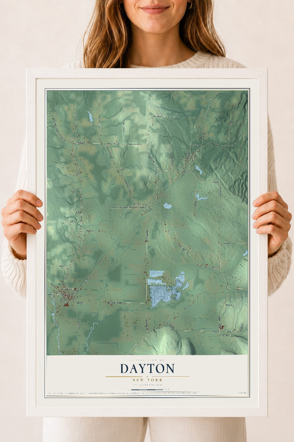 Dayton, New York map print, 18" x 24" W/ White Ayous Wood Frame mockup