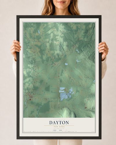 Dayton, New York map print, 24" x 36" W/ Black Ayous Wood Frame mockup