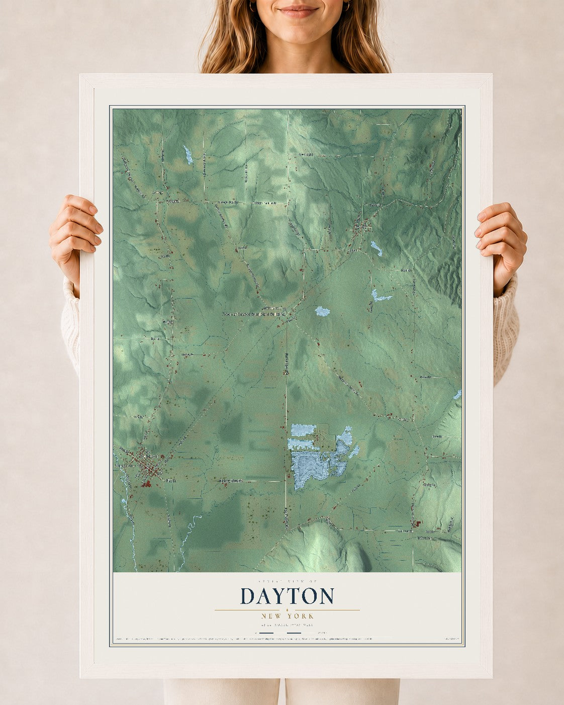 Dayton, New York map print, 24" x 36" W/ White Ayous Wood Frame mockup