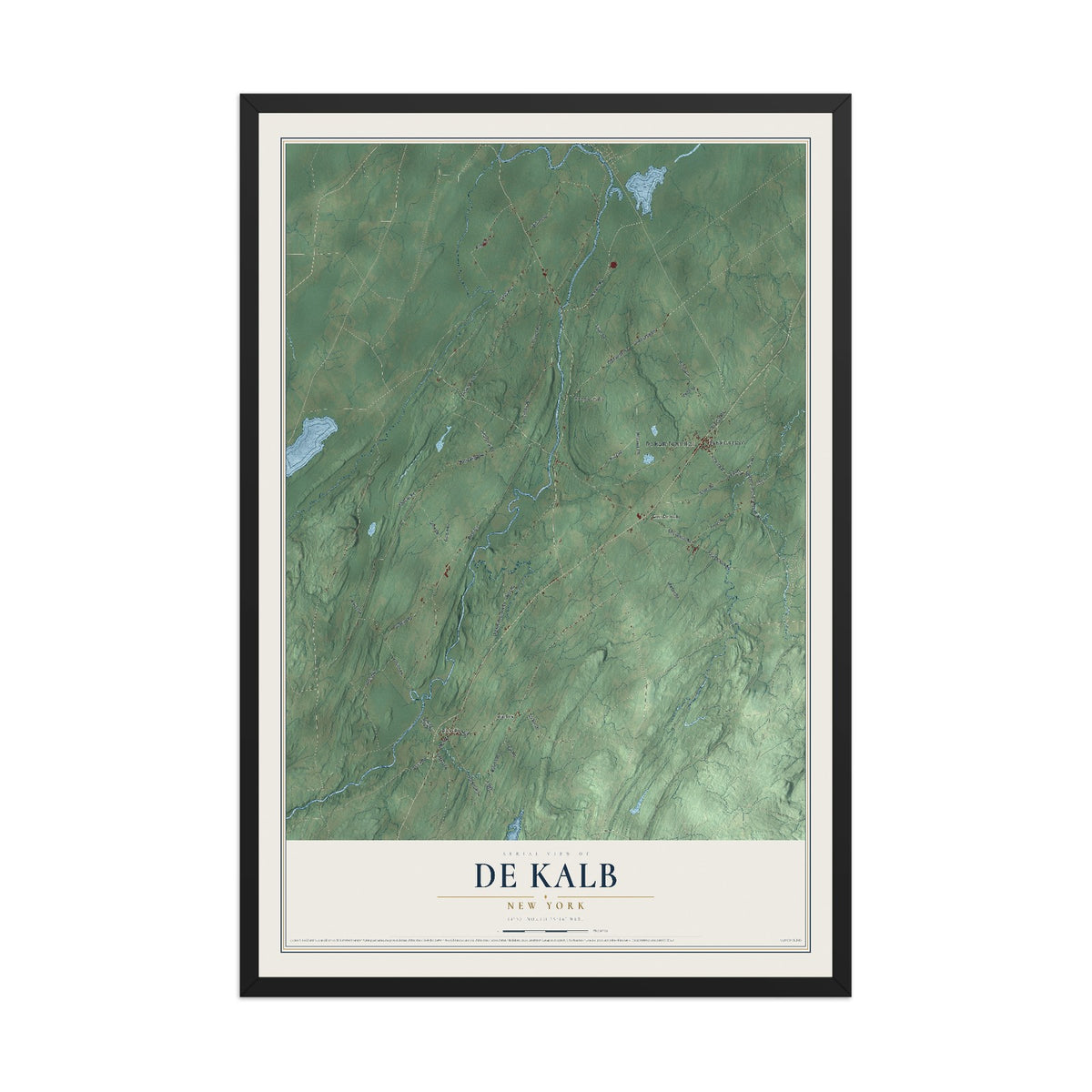 De Kalb, New York map print, 12" x 18" W/ Black Ayous Wood Frame mockup