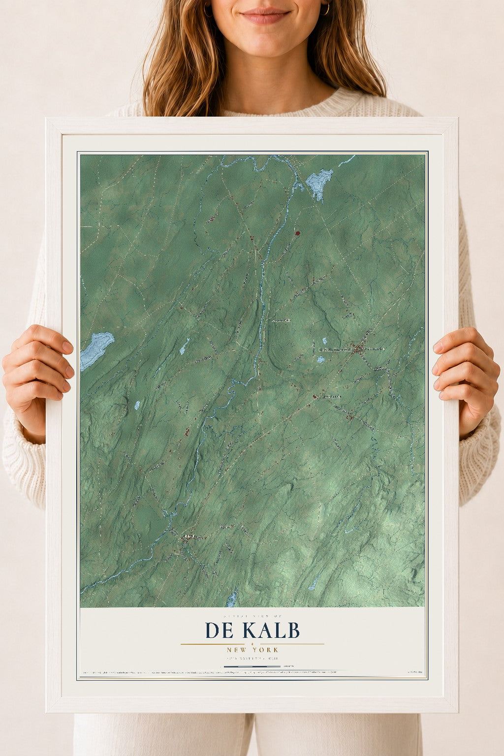 De Kalb, New York map print, 18" x 24" W/ White Ayous Wood Frame mockup