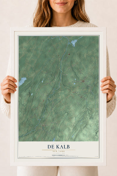 De Kalb, New York map print, 18" x 24" W/ White Ayous Wood Frame mockup