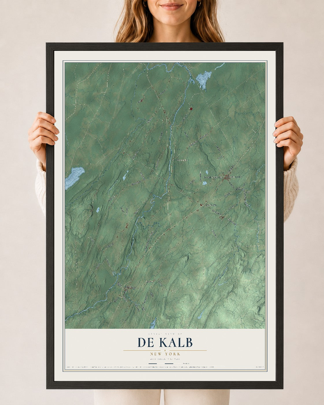 De Kalb, New York map print, 24" x 36" W/ Black Ayous Wood Frame mockup