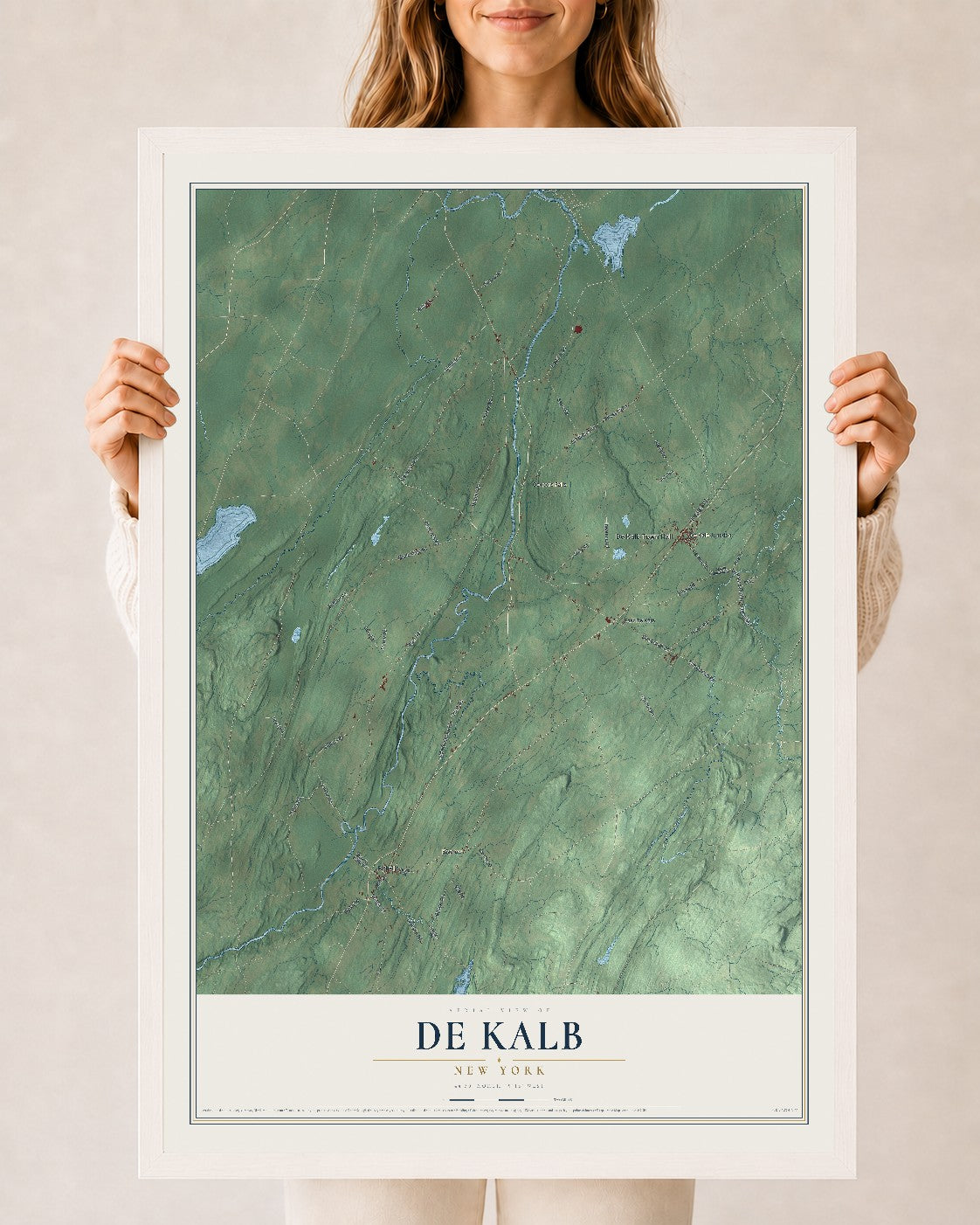De Kalb, New York map print, 24" x 36" W/ White Ayous Wood Frame mockup