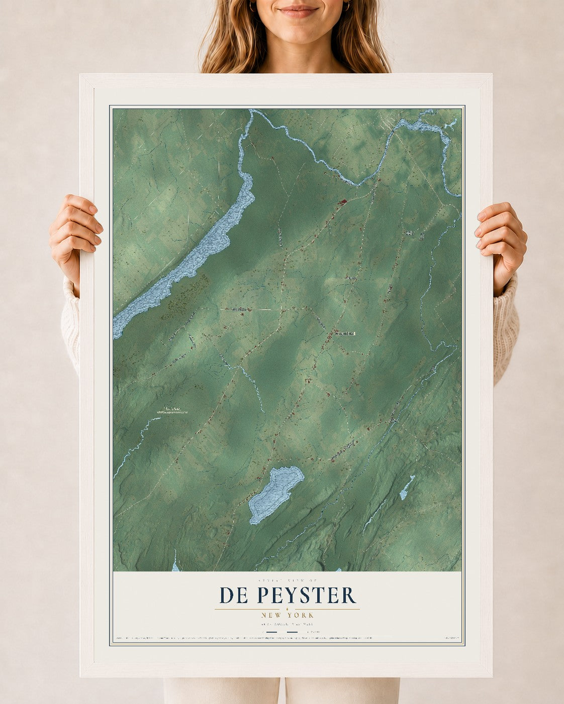 De Peyster, New York map print, 24" x 36" W/ White Ayous Wood Frame mockup
