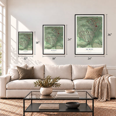De Witt, New York map in 12 x 18, 18 x 24 and 24 x 36 inch sizes above a sofa