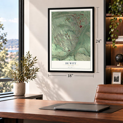 De Witt, New York map, 18 x 24 inch print in a black frame in a home office