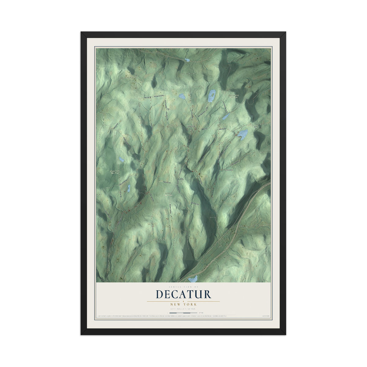 Decatur, New York map print, 12" x 18" W/ Black Ayous Wood Frame mockup