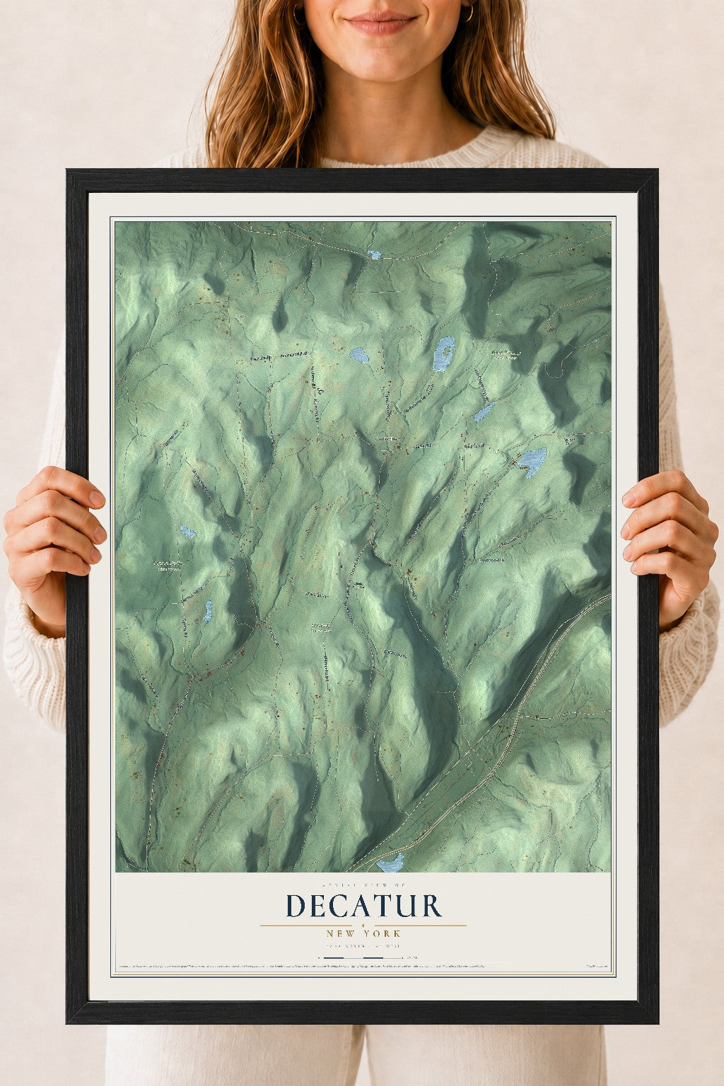 Decatur, New York map print, 18" x 24" W/ Black Ayous Wood Frame mockup