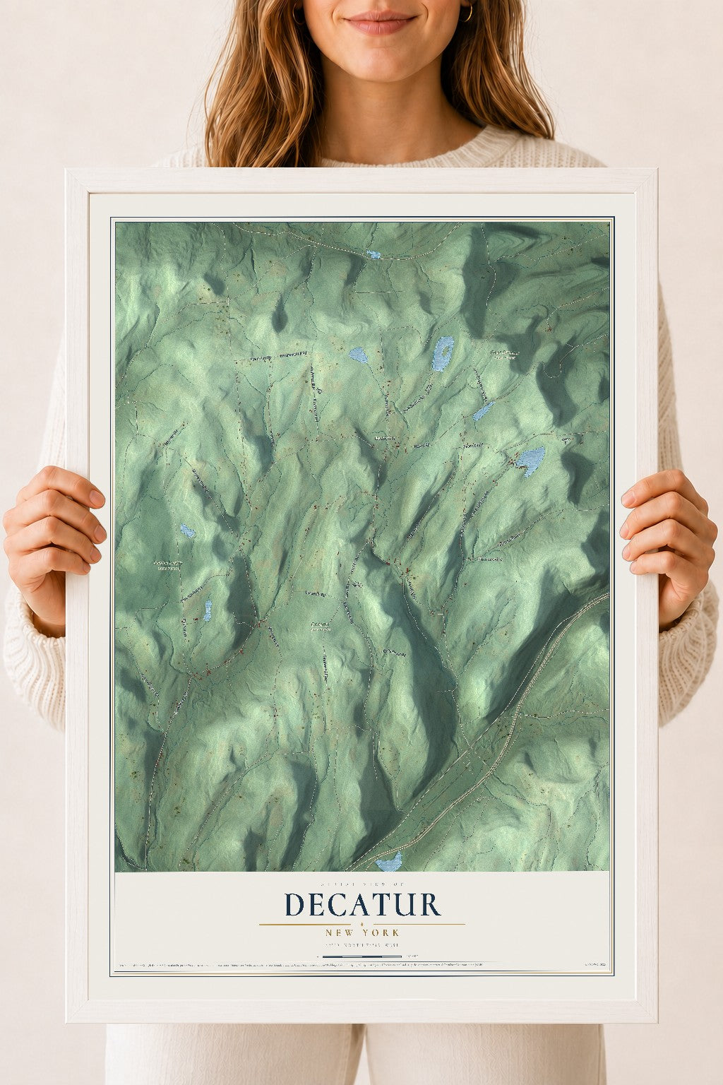 Decatur, New York map print, 18" x 24" W/ White Ayous Wood Frame mockup