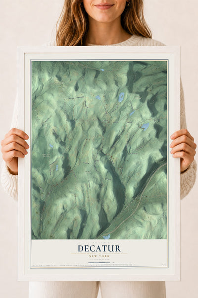 Decatur, New York map print, 18" x 24" W/ White Ayous Wood Frame mockup