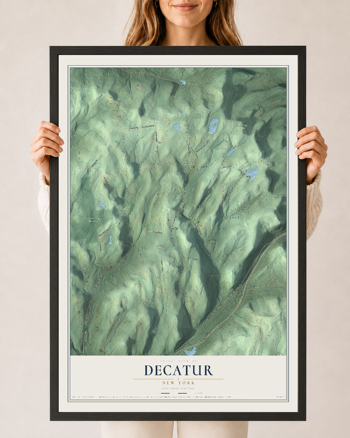 Decatur, New York map print, 24" x 36" W/ Black Ayous Wood Frame mockup