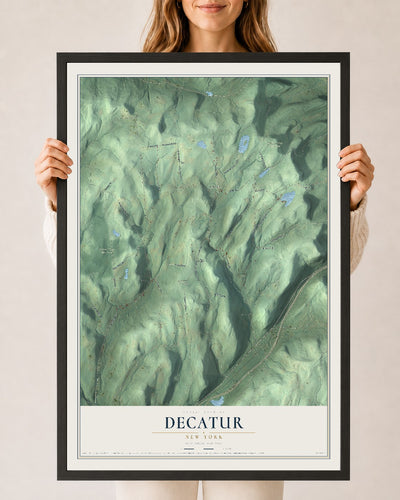 Decatur, New York map print, 24" x 36" W/ Black Ayous Wood Frame mockup