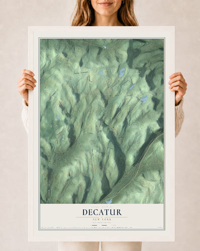 Decatur, New York map print, 24" x 36" W/ White Ayous Wood Frame mockup