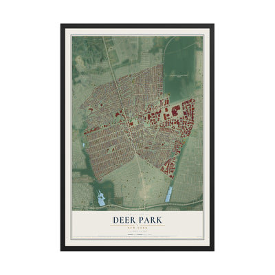 Deer Park, New York map print, 12" x 18" W/ Black Ayous Wood Frame mockup