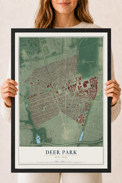Deer Park, New York map print, 18" x 24" W/ Black Ayous Wood Frame mockup