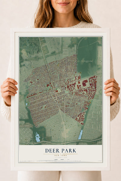 Deer Park, New York map print, 18" x 24" W/ White Ayous Wood Frame mockup