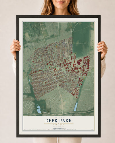 Deer Park, New York map print, 24" x 36" W/ Black Ayous Wood Frame mockup