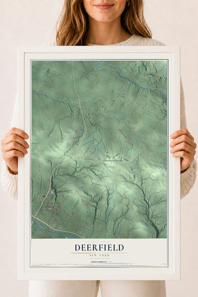 Deerfield, New York map print, 18" x 24" W/ White Ayous Wood Frame mockup