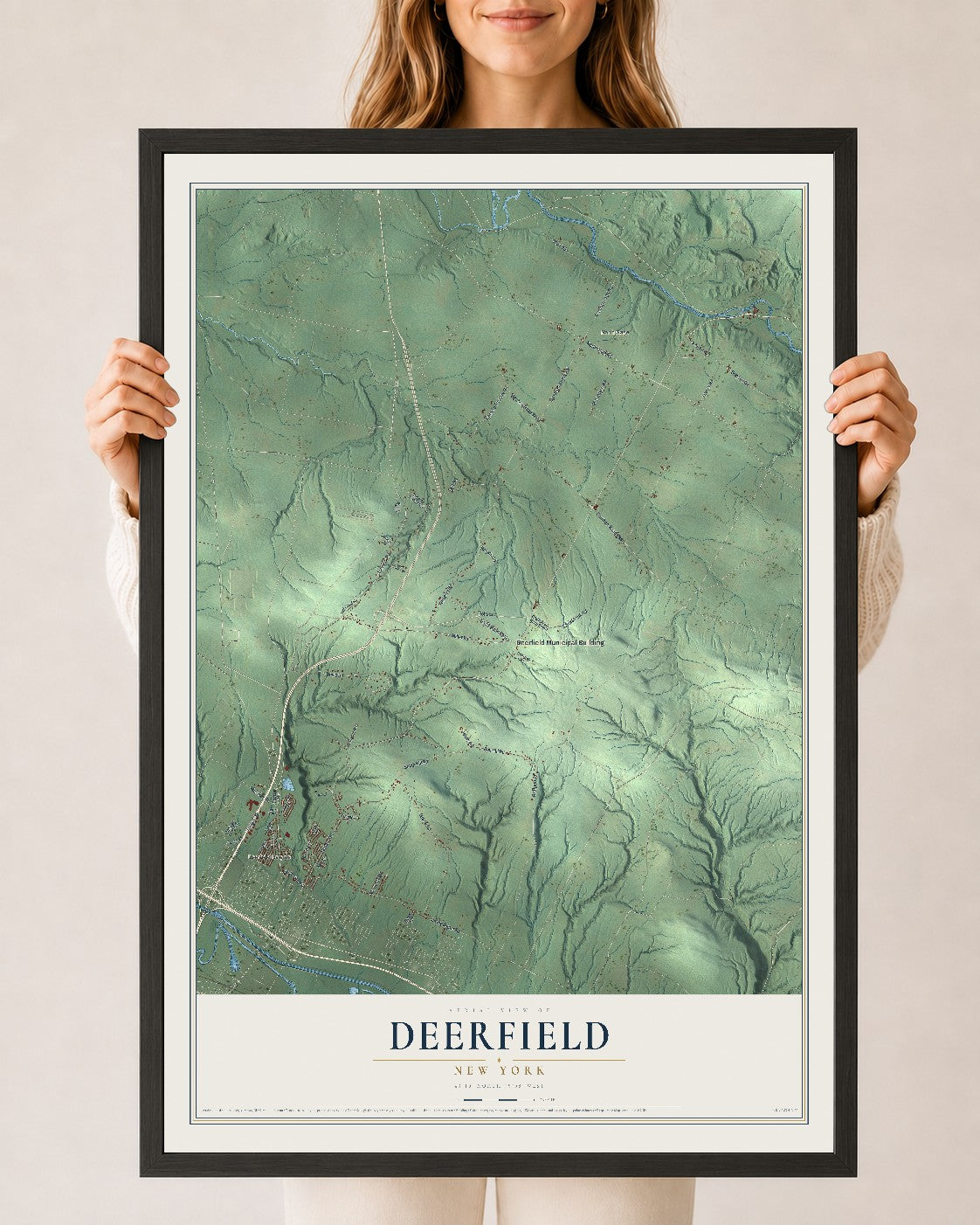 Deerfield, New York map print, 24" x 36" W/ Black Ayous Wood Frame mockup