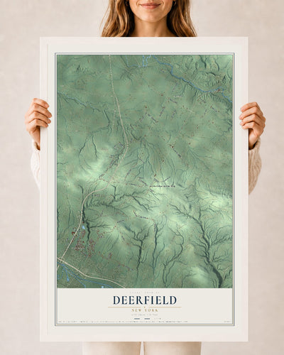 Deerfield, New York map print, 24" x 36" W/ White Ayous Wood Frame mockup