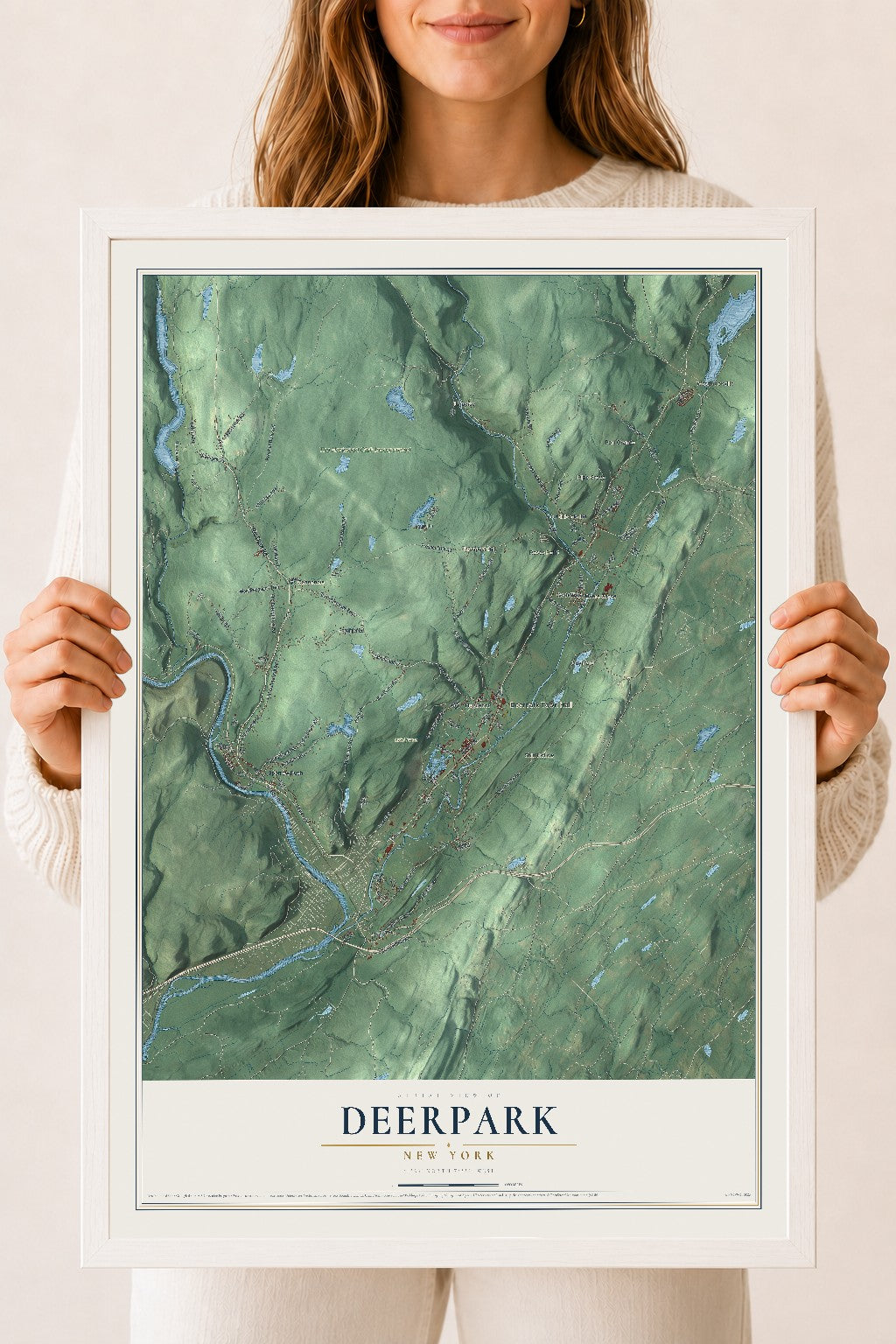 Deerpark, New York map print, 18" x 24" W/ White Ayous Wood Frame mockup