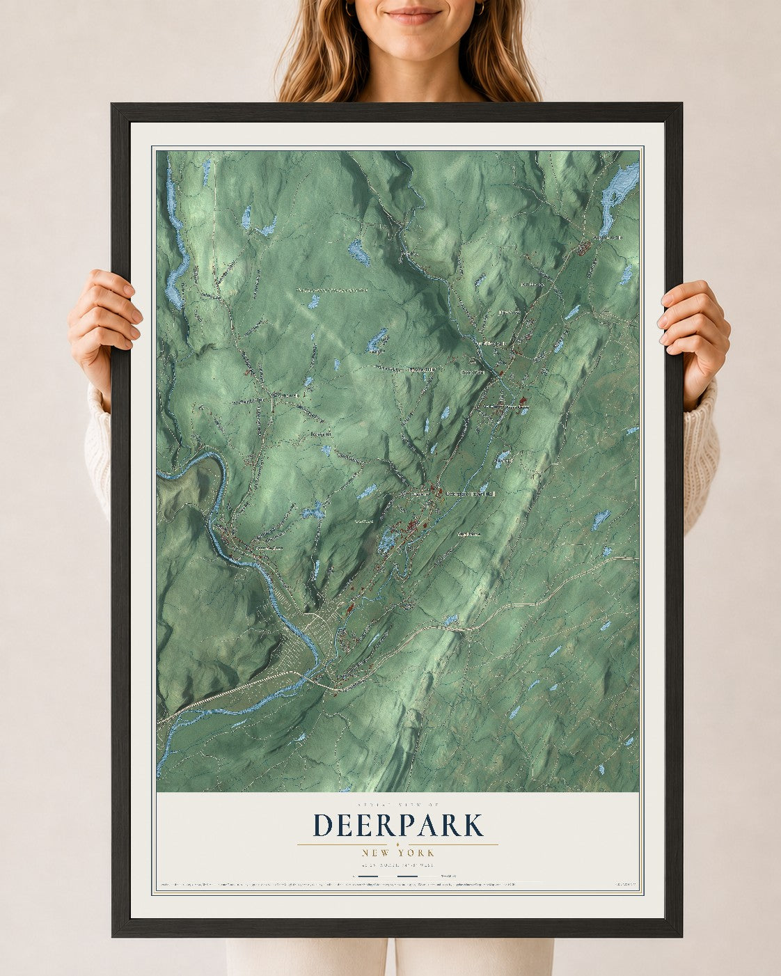 Deerpark, New York map print, 24" x 36" W/ Black Ayous Wood Frame mockup