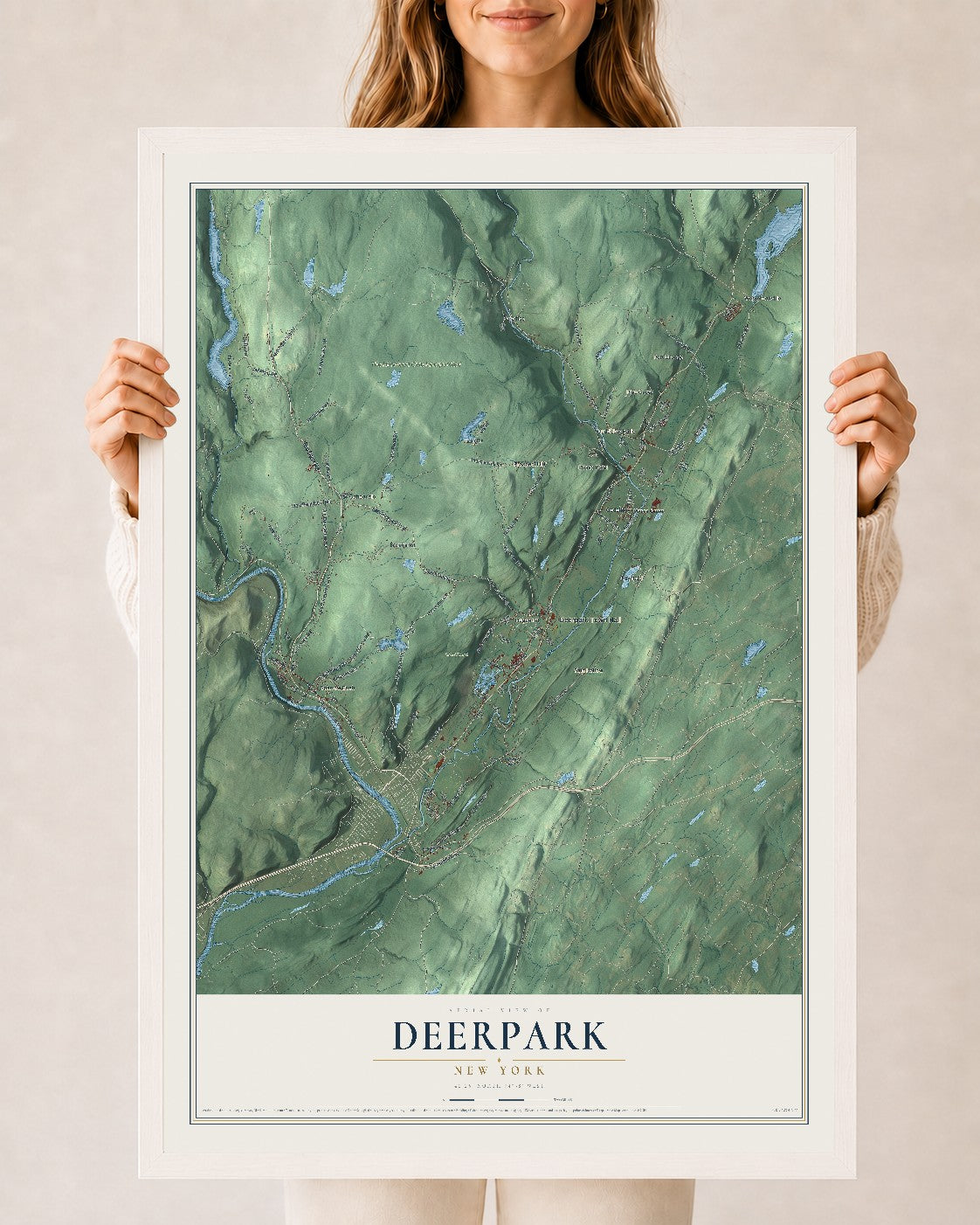 Deerpark, New York map print, 24" x 36" W/ White Ayous Wood Frame mockup