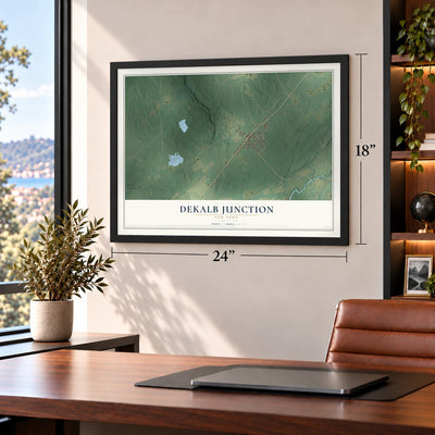 DeKalb Junction, New York map, 18 x 24 inch print in a black frame in a home office