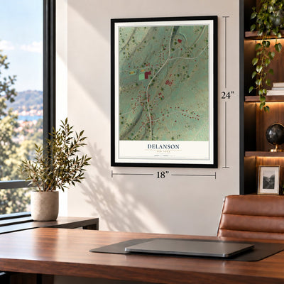Delanson, New York map, 18 x 24 inch print in a black frame in a home office