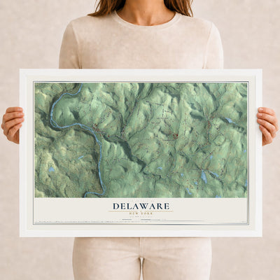 Map of Delaware, New York, 12 x 18 inch print in a white wood frame