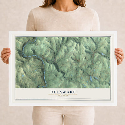 Delaware, New York map print, 12" x 18" W/ White Ayous Wood Frame mockup
