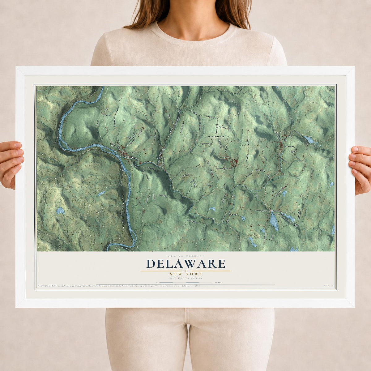 Delaware, New York map print, 18" x 24" W/ White Ayous Wood Frame mockup